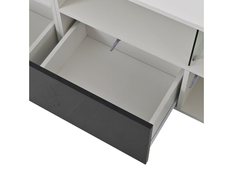  Meuble tv blanc et noir brillant led 180x38,5x45 cm - 2 tiroirs, 2 portes, étagères  - Conforama E