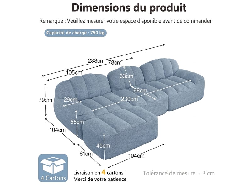  Canapé modulable 3 places d'angle en l - assise profonde 288 cm avec ottomane, sans montage  - Conforama C