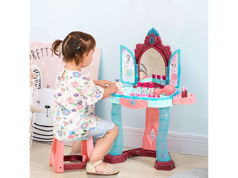  Coiffeuse enfant fille avec miroir magique, musique, plateaux, tiroir et accessoires, 3-6 ans, 57x34x76cm, multicolore  - Conforama B