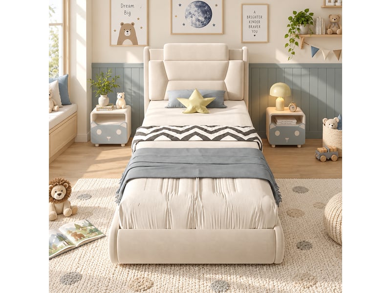  Lit simple enfant voiture 90x200 cm en velours beige crème, tête de lit réglable  - Conforama B