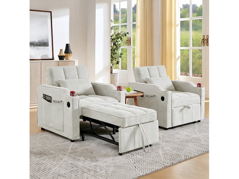 Fauteuil convertible 3-en-1 beige avec fonction lit, ports usbusb-c, porte-gobelet et dossier réglable - Conforama D