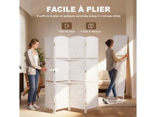 Paravent séparateur de pièce 4 panneaux 160 x170 cm avec 2 étagères, en bois, pliable