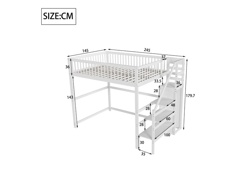  Lit mezzanine enfant 140 x 200 cm blanc avec escalier et rangement  - Conforama E