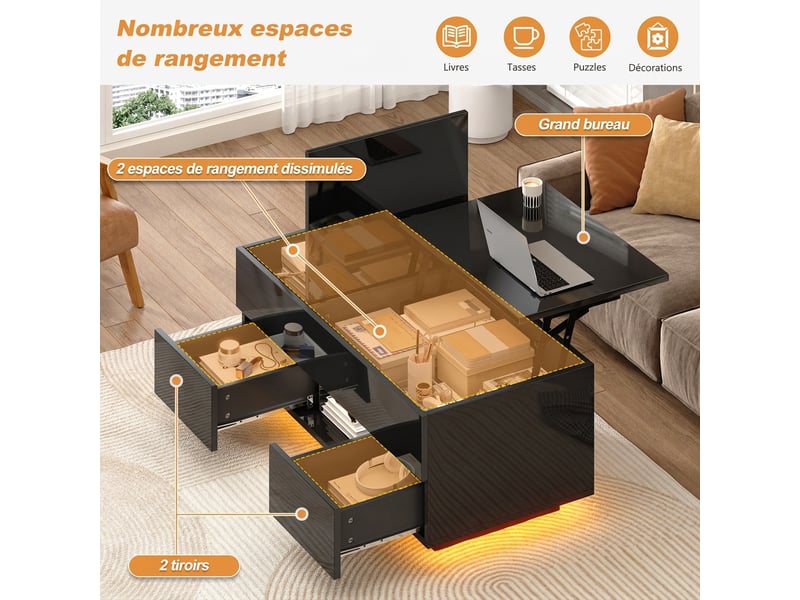  Table basse relevable avec éclairage led 100x45cm - rangement caché et deux tiroirs  - Conforama E