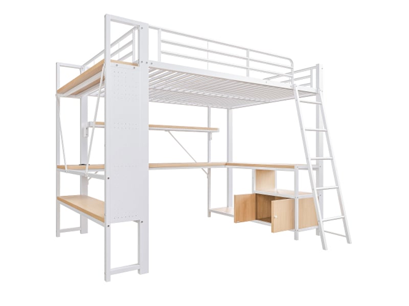  Lit mezzanine 140x200 cm métal blanc led – bureau intégré, rangements, étagères, panneau perforé usb, sans matelas  - Conforama A
