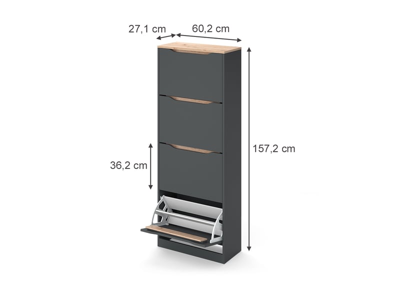  Vicco benne à chaussures, anthracitechêne artisan, 60.2x157.2cm avec 4 compartiments  - Conforama B
