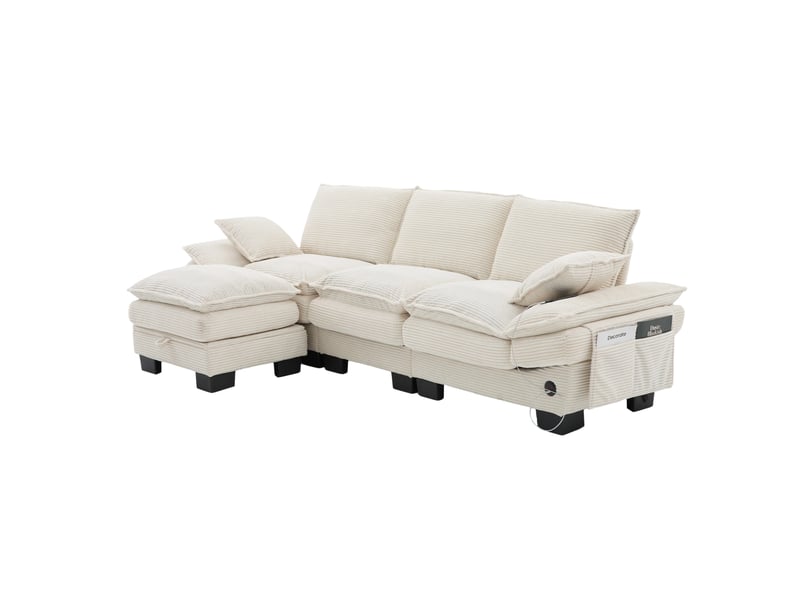  Canapé 3 places modulable en velours côtelé beige avec pouf de rangement  - Conforama A