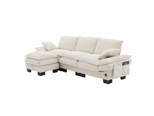 Canapé 3 places modulable en velours côtelé beige avec pouf de rangement