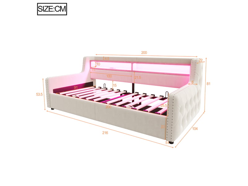 Lit banquette capitonné 90 x 200 cm, rangement hydraulique, éclairage led, sommier à lattes, beige - Conforama D