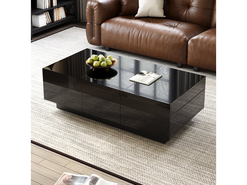  Table basse avec 2 tiroirs et compartiments coulissants, finition brillante partielle, pour salon, en panneaux, noir - uvrion  - Conforama D