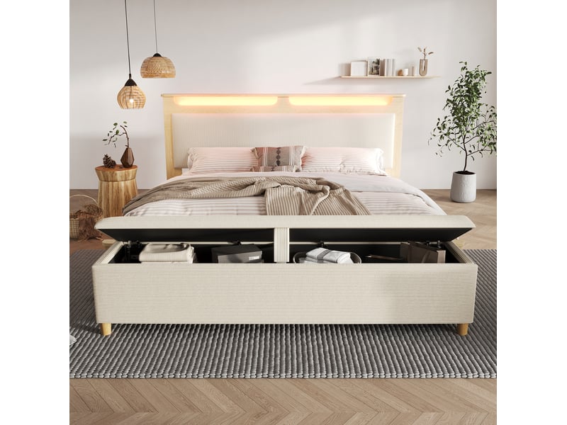  Lit coffre 160x200 avec banc de lit, led et matelas cravdom  - Conforama D