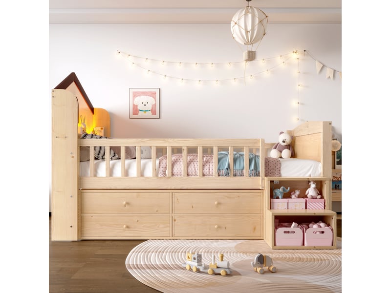 Lit cabane mi-hauteur 90x200 cm forme maison naturel avec 4 tiroirs et led - Conforama B