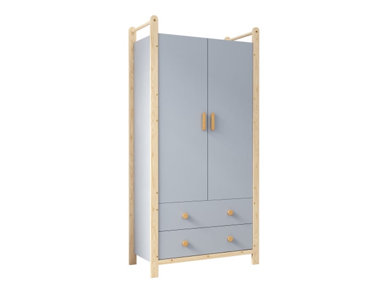  Armoire 2 portes avec penderie et 2 tiroirs, meuble de chambre bleu et bois, 90x45x180 cm  - Conforama E