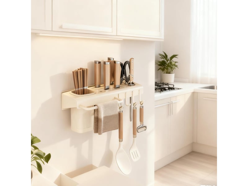  Porte couteau,range couteaux de cuisine multifonctionnel avec porte baguettes,porte chiffons et 4 crochets, support couteaux résistant à l'eau  - Conforama E