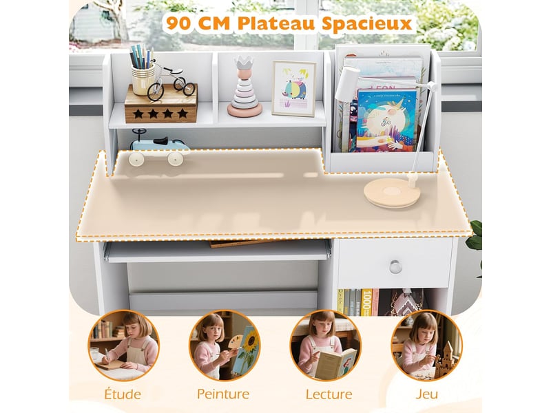 3 en 1 bureau enfant avec rangement, avec 1 tiroir 2 étagères, table enfant en bois avec plateau à clavier, 90x45x90cm (gris)  - Conforama E