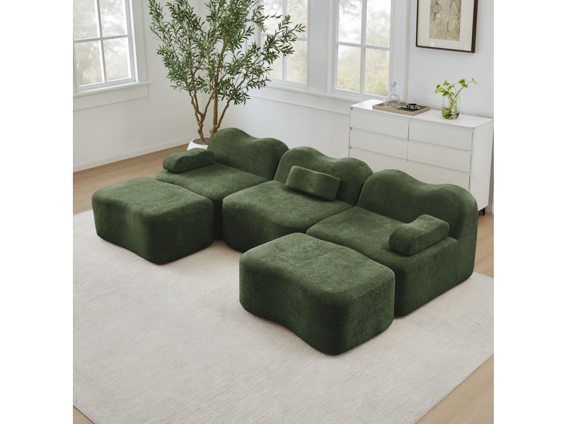 Canapé modulable en u ulevr 3 places avec 2 poufs, assise profonde, velours vert, 288 x 167 x 70 cm - Conforama B