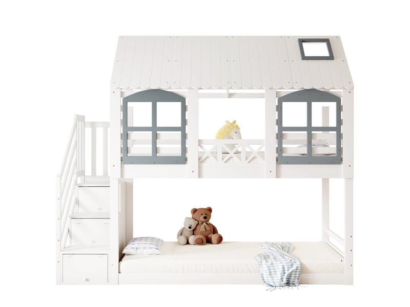  Modenvie lit superposé enfant 90x200 cm - avec toit, fenêtres et escalier de rangement - sans matelas - blanc  - Conforama A