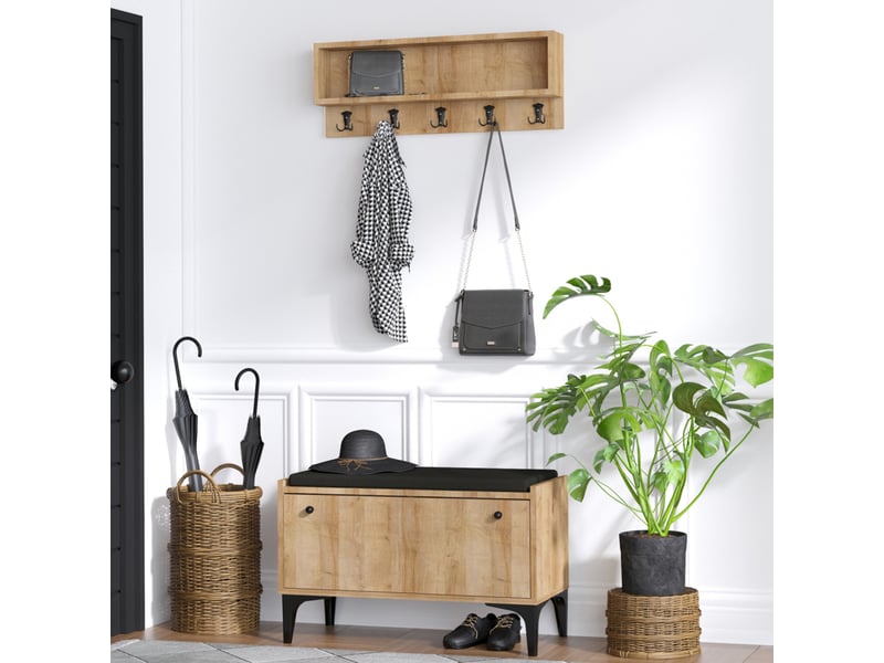 Meuble d'entrée avec meuble à chaussures banquette et vestiaire mural en bois luana  - Conforama D