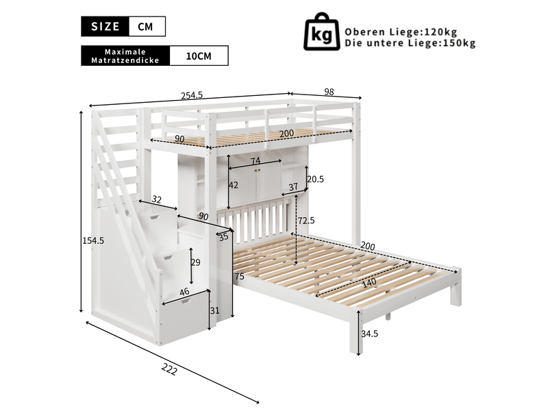 Lit superposé 3 places 90×200 cm et 140×200 cm, escalier rangement - sans matelas, bois massif mdf blanc - Conforama D