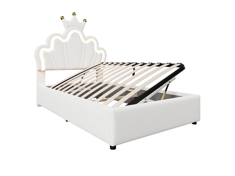  Lit rembourré princesse pu blanc 90x200 cm, led, coffre hydraulique et tête de lit réglable  - Conforama E