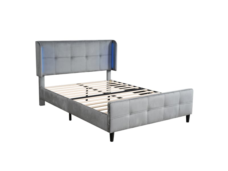 Lit double 140x200cm, velours gris, bandeau led multicolore, dossier réglable, tête et pied matelassés, style élégant  - Conforama A