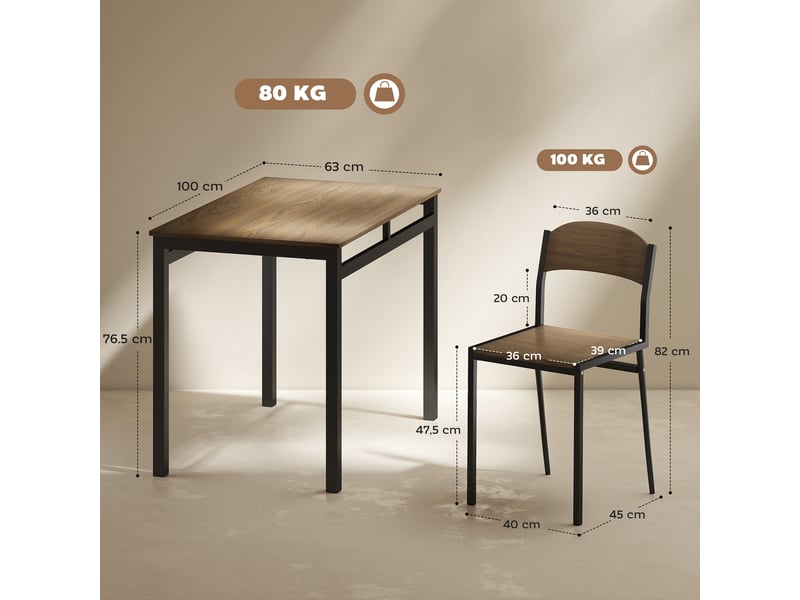  Ensemble de salle à manger 5 pièces comprenant 1 table rectangulaire (100 x 63 x 76,5 cm) et 4 chaises (45 x 40 x 82 cm), en acier et mdf.  - Conforama E