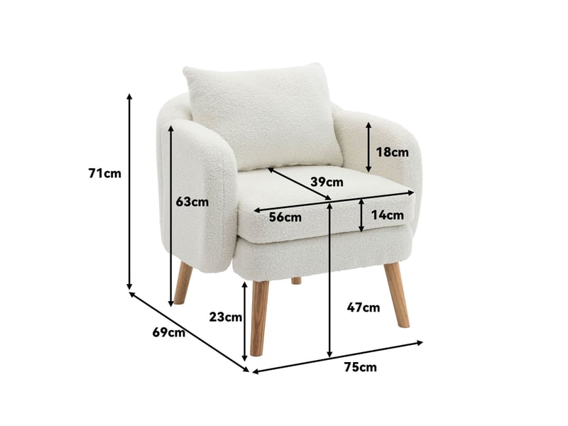  Fauteuil d'accent 75x69x71cm – fauteuil salon individuel avec coussin de 14cm et oreiller lombaire – tissu de velours teddy - blanc  - Conforama C