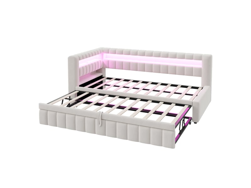  Lit capitonné, lit enfant 90x200 cm, canapé-lit extensible, led, usb, réf. 422aaa, velours beige  - Conforama B