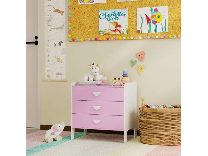 Commode enfant 60x40x60 cm – rose et blanc – 3 tiroirs de rangement en mdf avec plateau facile d'entretien - Conforama B