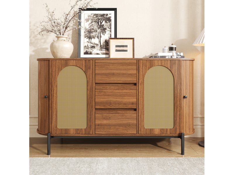  Buffet ovale 140 cm avec portes coulissantes et 3 tiroirs, finition noyer  - Conforama B