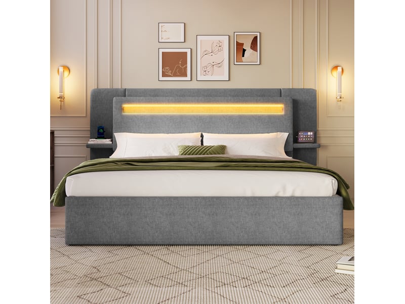  Lit coffre 2 places 140x200 cm avec rangement hydraulique, éclairage à LED multicolore, en MDF, coloris gris, sans matelas  - Conforama D