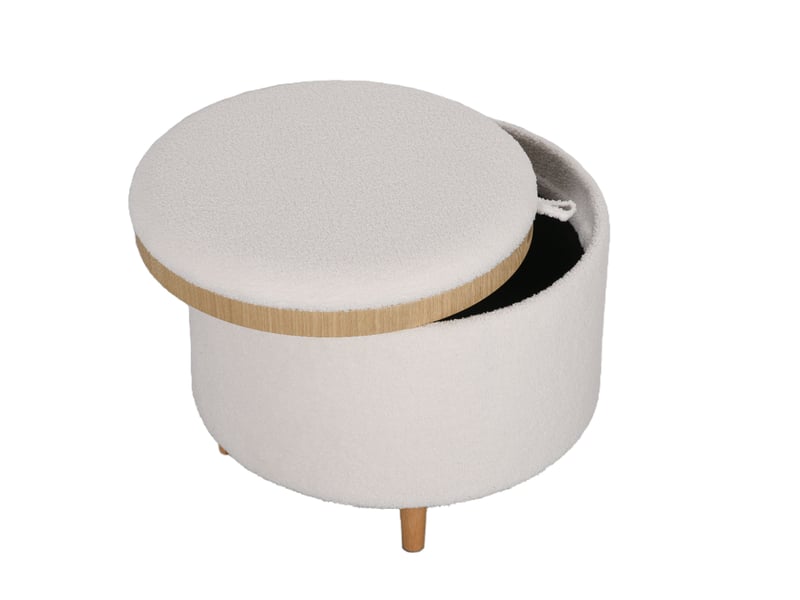  Pouf rond avec coffre de rangement ø 56 x 42 cm – tabouret repose-pieds rembourré avec couvercle réversible plateau table basse et pieds en bois – blanc  - Conforama C