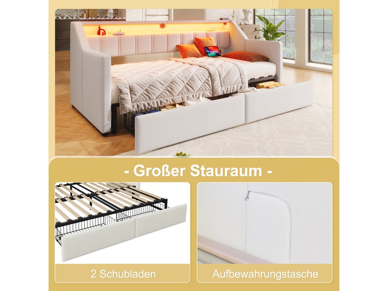  Lit de jour 90x200 canapé lit beige avec led, extensible 180x200, 2 tiroirs et ports usb  - Conforama E
