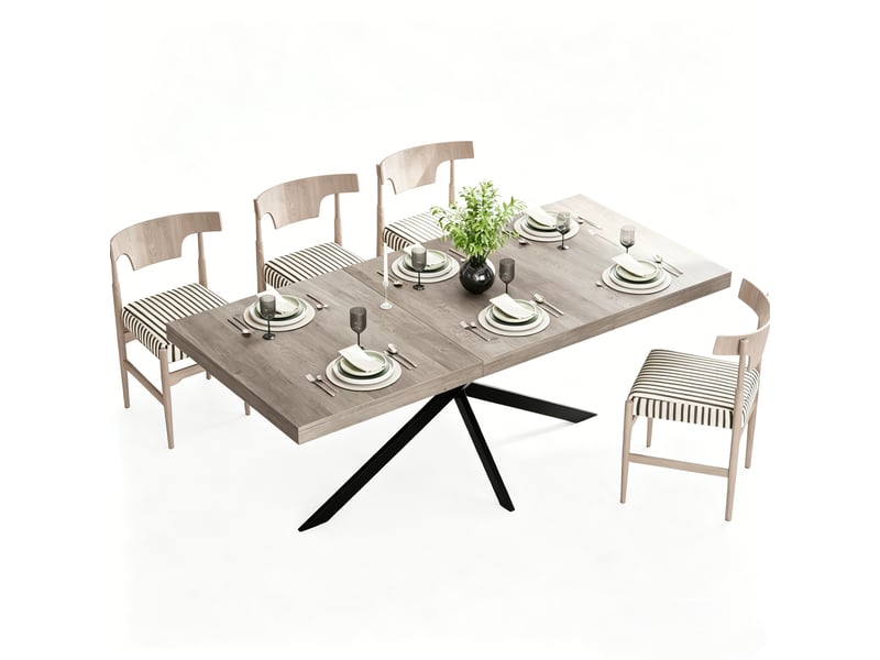 Table à manger extensible 140-180 x 80 cm avec rangement dissimulé, plateau mdf gris, pieds métal noir en x, 4 à 6 places - Conforama A