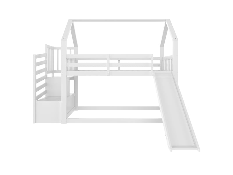  Lit superposé enfant 90x200 cm, avec toboggan, escalier de rangement, design cabane, bois blanc, sommier, sans matelas  - Conforama A