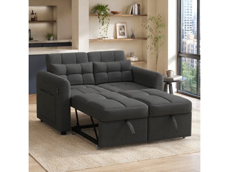 Canapé droit convertible 2 places gris en tissu avec usb, poches latérales et dossier réglable, gain de place - Conforama B