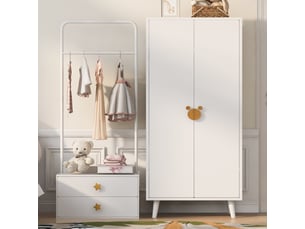 Armoire à 2 portes avec penderie et rangement bas, poignées fantaisie, pour chambre, blanche, 140×55×170 cm