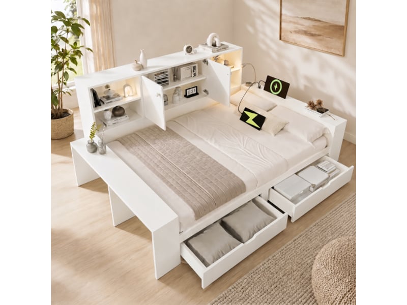  Lit de rangement 140x200 cm blanc – lit double gain de place avec tiroirs, usb-c et portes doubles (sans matelas)  - Conforama D