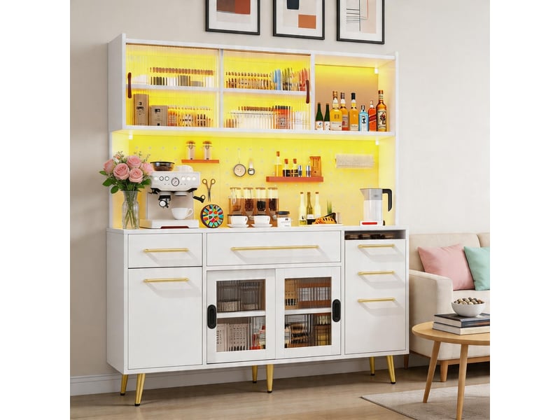  Buffet moderne led armoire haute cuisine salon rangement panneau perforé tiroir porte vitrée blanc  - Conforama B
