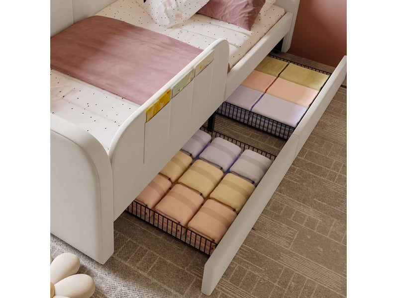  Lit raccordable enfant 90x200 cm, 2 tiroirs, 3 poches latérales, sommier métal à lattes, velours blanc, sans matelas  - Conforama E