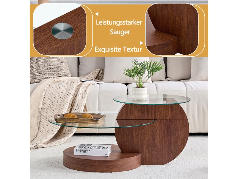 Table basse à 2 niveaux avec plateau en verre trempé et rangements - lpospi - structure mdf effet noyer transparent - Conforama E