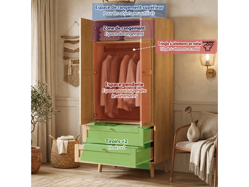  Armoire 80x50x180 cm, portes effet rotin, tringle et étagères, 2 tiroirs, pieds surélevés, mdf, naturel OMNIGLINT TRADING LTD - Conforama E