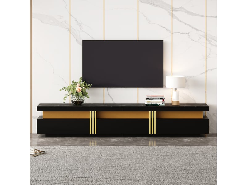  Meuble tv moderne bas 200x40x42cm avec 3 tiroirs, motif marbre (non marbre réel), panneaux de particules, couleur noir  - Conforama B