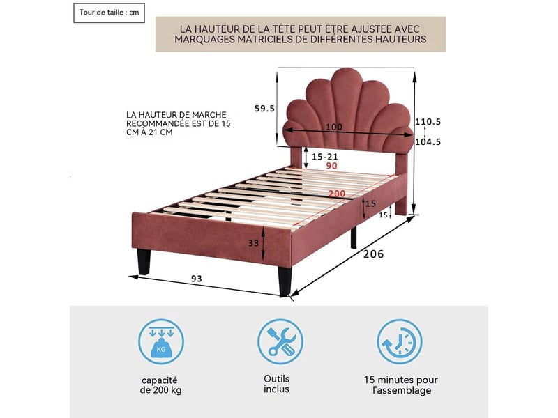  Lit 90 x 200 avec sommier, lit rembourré lit simple,tête de lit réglable en hauteur,lit simple,velours,rouge  - Conforama C