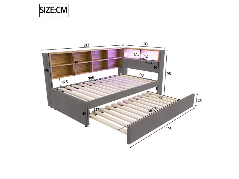  Lit gigogne 90×200 cm, avec lumières led, prises et nombreux rangements, lit capitonné, flanelle, gris foncé  - Conforama C