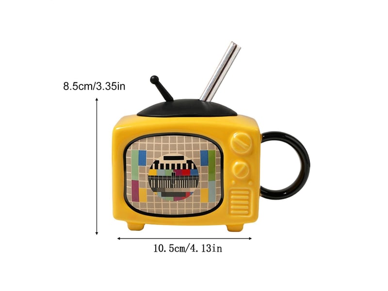 Mug en céramique avec couvercle et paille, télévision rétro, jaune, 450 ml - Conforama E
