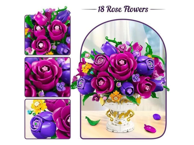  Set de fleurs rose en construction 905 pieces abs avec vase blanc 151498_AABKD22219_6_DROPFR - Conforama B