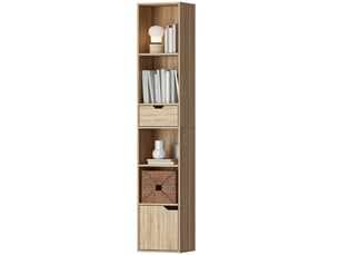 Bibliothèque ouverte à 4 niveaux avec placard et tiroir, 30 x 24 x 158 cm, couleur bois