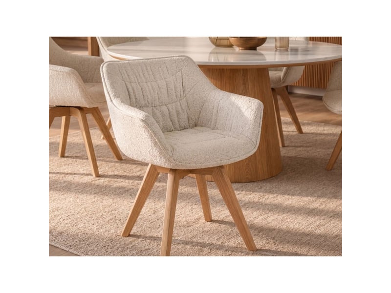  Lot de 2 chaises design comfy pivotantes en tissu tweed bouclette beige et pieds en chêne clair  - Conforama E