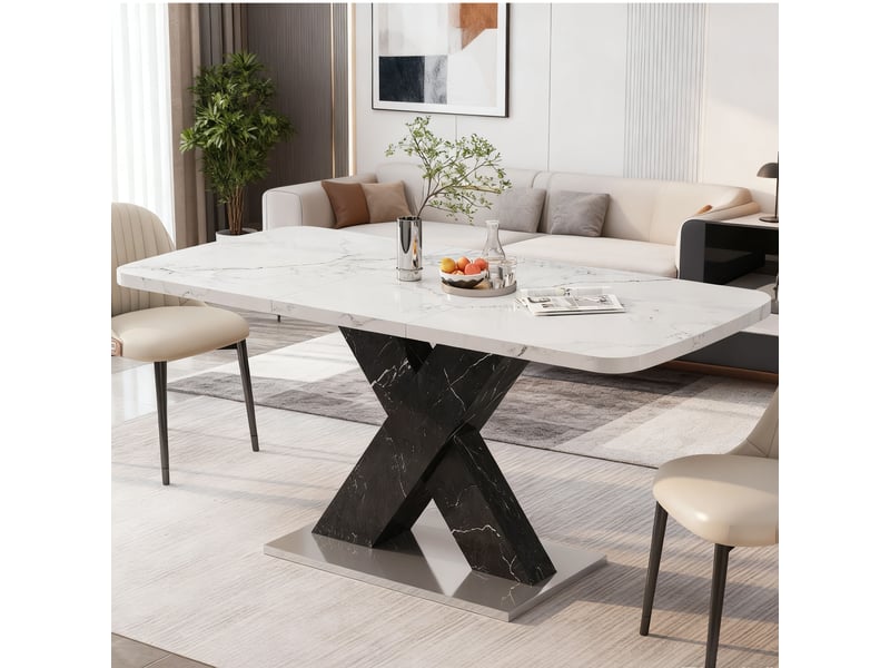  Table de salle à manger extensible en mdf et acier 120-160×80×76,5 cm blanc marbre et noir  - Conforama B